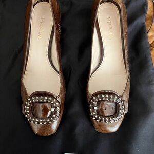 Prada Brown Leather heels with Buckle Detail